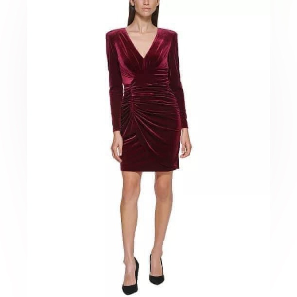 Vince Camuto Side Ruched Long Sleeve Velvet Dress
